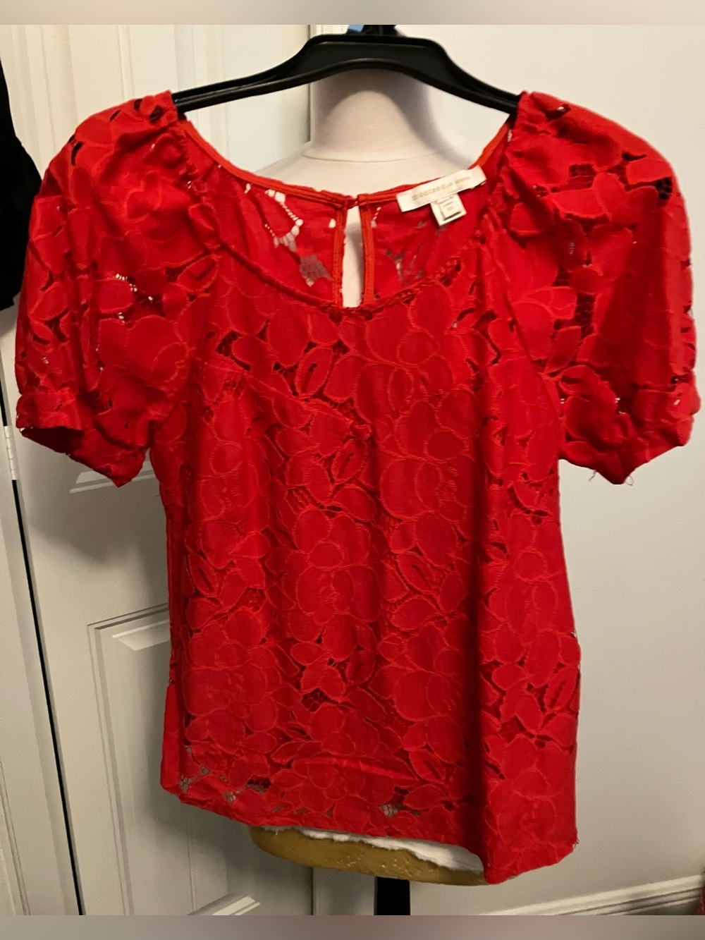 Monteau Red Lace Short Puff Sleeve Blouse
